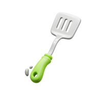 A glossy spatula with a green handle and grey drops is isolated on a white background and used for cooking. png