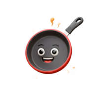 Cartoon frying pan with happy face and floating orange blobs around it, ideal for cooking and kitchen themed designs. png
