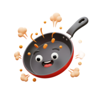 A cartoon frying pan with a happy face is cooking food which is illustrated through rising steam and falling drops, making it suitable for culinary content. png