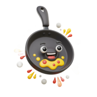 Illustration of a smiling frying pan with food residue and colorful liquid splashes, ideal for cooking content. png