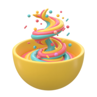A yellow bowl containing a swirl of colorful cream or frosting is shown with sprinkles floating around it, perfect for dessert or celebration imagery. png