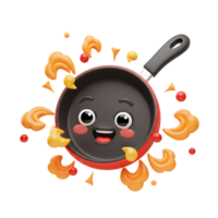 A cartoon frying pan with a happy face is surrounded by animated food, making it suitable for cooking-related content. png