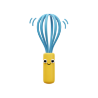 A cartoon whisk with a yellow handle and blue wires features a smiling face, suitable for illustration. png