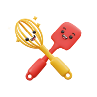 A cartoon whisk and spatula are crossed in a cute 3D render, making it perfect for baking and cooking illustrations. png