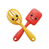 Crossed whisk and spatula are cartoonish kitchen utensils with smiling faces, designed for cooking and baking. png