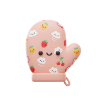 A pink mitten is decorated with cute illustrations of fruit and clouds on a white background for decorative use. png