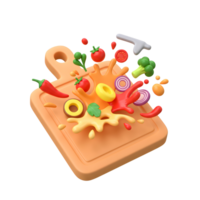 Colorful vegetables and ingredients appear to float above a cutting board, perfect for illustrating culinary preparation and healthy cooking. png