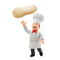 A 3D cartoon chef tosses pizza dough, showing a joyful mood suitable for use in culinary-themed designs or advertisements. png