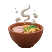 A stylized 3D render of ramen in a brown bowl with steam, sliced pork, green onion, and noodles, is presented for culinary and artistic usage. png