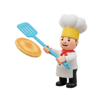 A happy cartoon chef flips a pancake with a blue spatula, showcasing a fun food preparation scene that can be used for cooking-related content. png