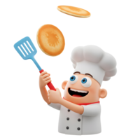 A cartoon chef enthusiastically flips a pancake with a spatula, creating a playful and engaging image ideal for food-related content or children's material. png