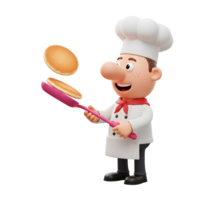 A cheerful cartoon chef in uniform flips pancakes with a pink spatula, showcasing a fun culinary scene ideal for food-related content. png