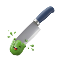 A green pepper with a happy face is being cut by a knife, creating small splashes, and it could be used for cooking illustrations. png