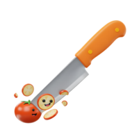 A cartoon tomato is being sliced by a knife, creating round slice pieces, perfect for culinary themed projects. png
