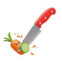 A cartoon carrot is cut with a red-handled knife while a slice of cucumber is being cut, used for recipe content. png
