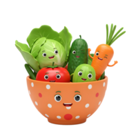 Cartoon vegetables with smiling faces are arranged in an orange polka dot bowl for a fun and healthy depiction. png