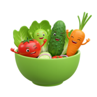 Cartoon vegetables with happy faces wave from inside a salad bowl, suggesting a fun and healthy way to enjoy eating vegetables. png
