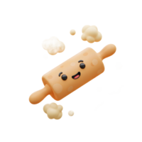 A smiling rolling pin is surrounded by dough clouds in a playful and inviting illustration, perfect for illustrating recipes or baking tutorials. png