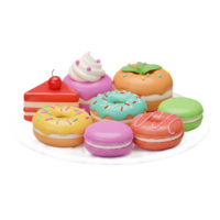 A plate is full of various colorful desserts like cake, donut, and macaron, making it suitable for celebrating special occasions. png