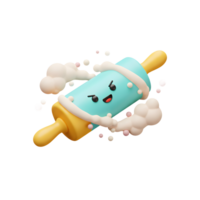 A cute blue and yellow cartoon rolling pin with a mischievous face is surrounded by dough and colorful sprinkles, perfect for adding a playful touch to baking-themed designs. png