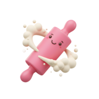 A cute pink rolling pin with a happy face stands amidst swirling dough, perfect for adding a touch of whimsy to baking-related content. png