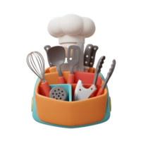A set of kitchen utensils including a spatula, knife, tongs, whisk, and chef hat are displayed in a holder for food preparation. png