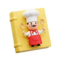 A cute 3D chef character holding two wooden spoons stands on a yellow cookbook, making it suitable for culinary blogs or cooking guides. png