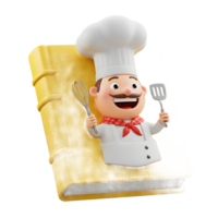 A cheerful cartoon chef holding a spatula and whisk appears out of a yellow cookbook, perfect for illustrating recipes or cooking instructions. png