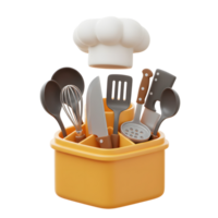 A 3D render of a collection of kitchen utensils in a yellow holder with a chef's hat floating above, perfect for showcasing cooking or culinary themes. png