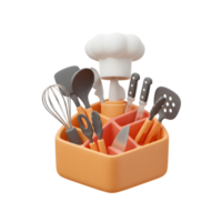 Kitchen utensil set including a chef hat, knives, spoons, and other tools are neatly organized in an orange holder, ready for culinary use. png