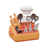 A collection of kitchen utensils including rolling pins, knives, spatulas, and a chef's hat are neatly organized in an orange holder, suggesting its use for cooking and baking tasks. png
