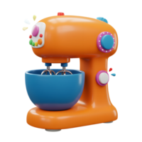 An orange stand mixer with a blue bowl and colorful buttons is displayed in a bright, cartoon style for food preparation. png