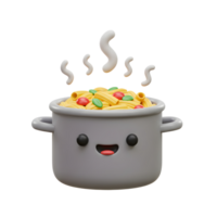 Pasta with tomatoes and basil is cooking in a pot with a cute face and steam, perfect for cartoon illustration or digital art. png