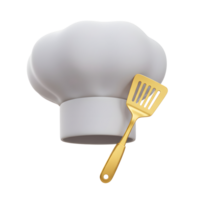 A white chef hat is pictured along with a gold spatula, which can be used for baking and cooking. png