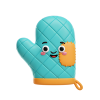 A cartoon style blue oven mitt with a face and a patch adds a touch of whimsy and protects your hands from heat. png