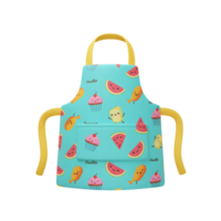 A turquoise apron with cartoon food patterns, yellow straps, and a pocket is ideal for cooking and baking activities. png