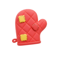A 3D rendering of a red, quilted oven mitt with yellow and red patches to protect hands from heat. png