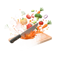 A knife slices through a colorful array of vegetables on a wooden cutting board, creating a vibrant splash, ideal for illustrating healthy eating and cooking. png