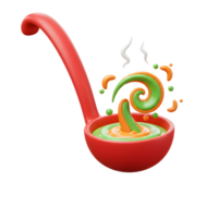A red ladle holds green and orange soup with a swirl emerging, indicating a culinary process for cooking. png