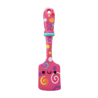 A pink spatula is decorated with colorful swirls and features a happy face, likely intended for use in a kitchen. png