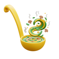 A yellow soup ladle holds a swirl of green and yellow topping with mushrooms and beans, used for food concepts. png