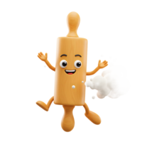 A happy rolling pin cartoon character is surrounded by clouds of flour, showing the joy of baking and cooking in a whimsical design. png