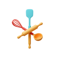 Several baking utensils including a rolling pin, whisk, spatula, and ladle are arranged in a creative composition on a white background for use in baking applications. png