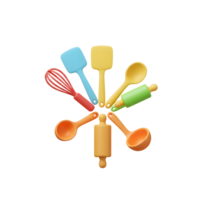 A bright and colorful set of kitchen utensils including a whisk, spatula, spoon, rolling pin, and ladle are arranged in a circle, perfect for cooking and baking. png