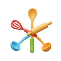 Colorful kitchen utensils including a spoon, whisk, rolling pin, and ladles are arranged in a playful composition for cooking and baking. png
