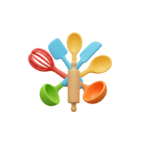 This image features kitchen utensils including a rolling pin, spatula, ladle, whisk, and spoon displayed in a colorful arrangement for cooking purposes. png
