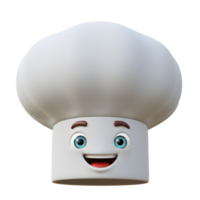 A cartoon chef hat with a smiling face is depicted in a 3D rendering, making it suitable for culinary-themed designs. png