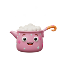 A pink pot with a smiling face is releasing white bubbles, which can be used to illustrate boiling liquid. png