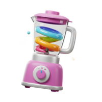 A pink blender contains colorful rings, accompanied by floating geometric shapes, representing playful cooking or blending exercises. png