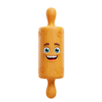 A cartoon rolling pin with a smiling face is standing upright against a white backdrop and can be used for baking. png
